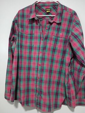 Cabela's Pink and Teal Plaid Long-Sleeve Women's Size 2XL Button Up Shirt
